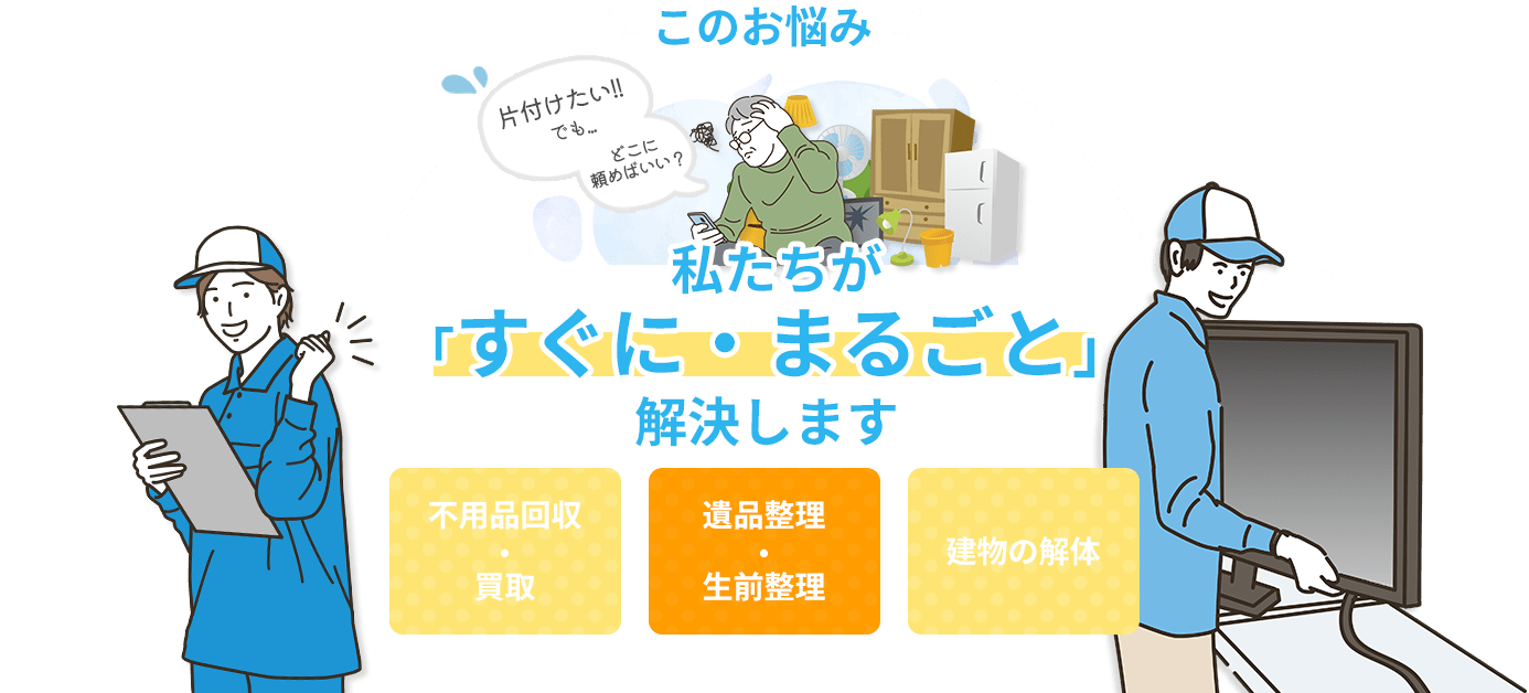 「片付けたい。でも、どこに頼めばいい？」そのお悩み、私たちがすぐに・まるごと解決します。不用品回収、買取・遺品整理・生前整理、建物の解体